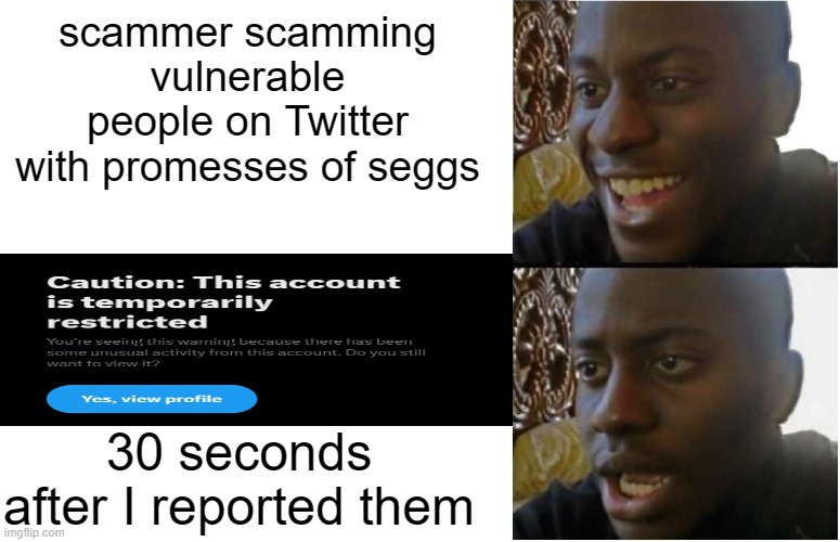Disappointed Black Guy | scammer scamming vulnerable people on Twitter
with promesses of seggs; 30 seconds after I reported them | image tagged in disappointed black guy,twitter,scammer,scammers | made w/ Imgflip meme maker