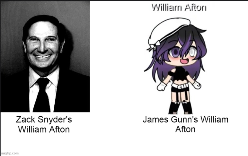 Zack Snyder's William Afton vs James Gunn's William Afton | image tagged in fnaf,william afton,james gunn,zack snyder,zack snyder's vs james gunn's,the man behind the slaughter | made w/ Imgflip meme maker
