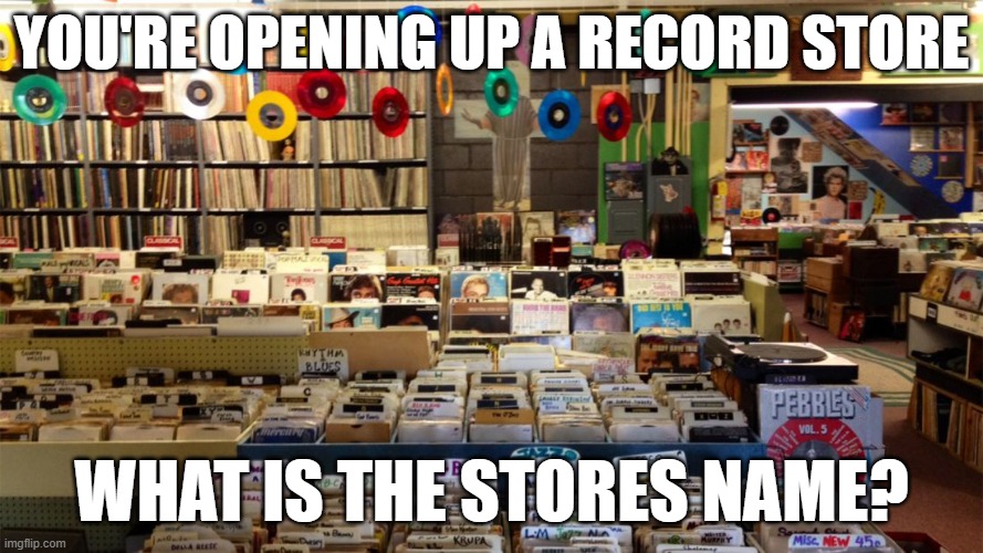 Record Store | YOU'RE OPENING UP A RECORD STORE; WHAT IS THE STORES NAME? | image tagged in playing vinyl records,records,vinyl | made w/ Imgflip meme maker