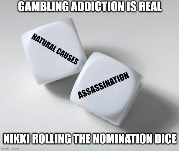 Dice | NATURAL CAUSES ASSASSINATION NIKKI ROLLING THE NOMINATION DICE GAMBLING ADDICTION IS REAL | image tagged in dice | made w/ Imgflip meme maker