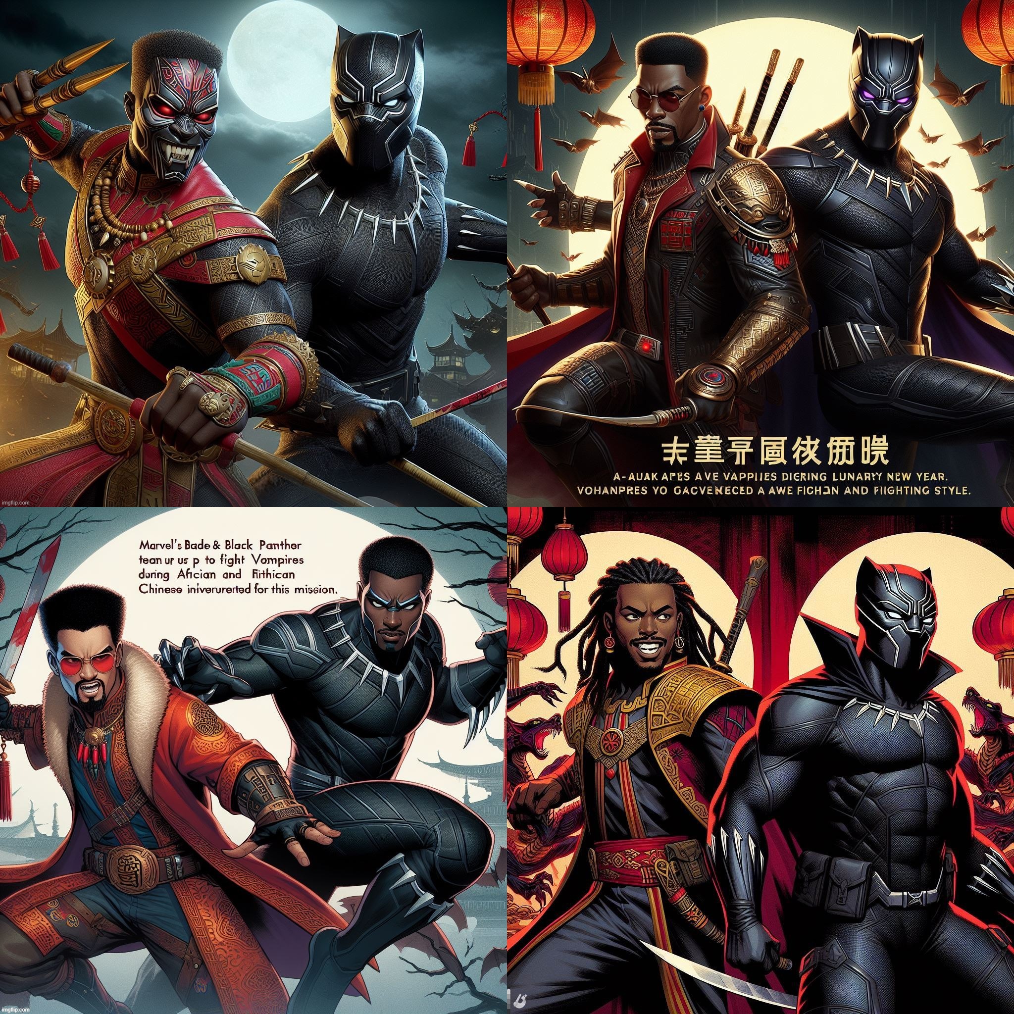 Ai Bing "Blades of Lunar", A Black Panther/Blade crossover taking place during Lunar New Year, fighting Asian Myth Vampires. | image tagged in ai generated,chinese new year,black panther,blade,crossover,vampires | made w/ Imgflip meme maker