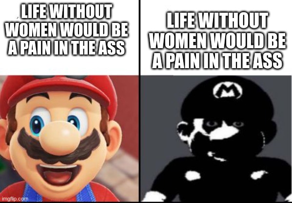 lol | LIFE WITHOUT WOMEN WOULD BE A PAIN IN THE ASS; LIFE WITHOUT WOMEN WOULD BE A PAIN IN THE ASS | image tagged in happy mario vs dark mario | made w/ Imgflip meme maker
