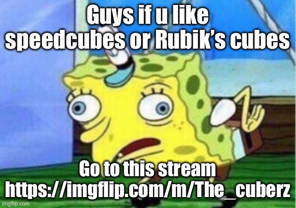 Mocking Spongebob Meme | Guys if u like speedcubes or Rubik’s cubes; Go to this stream https://imgflip.com/m/The_cuberz | image tagged in memes,mocking spongebob | made w/ Imgflip meme maker