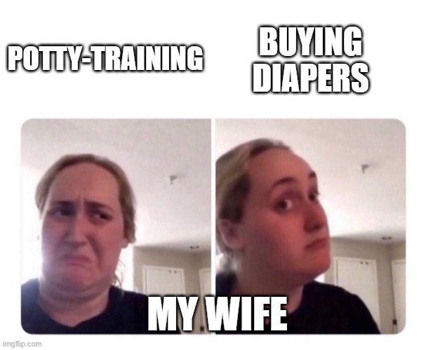 potty training vs diapers | BUYING DIAPERS; POTTY-TRAINING; MY WIFE | image tagged in no yes lady | made w/ Imgflip meme maker