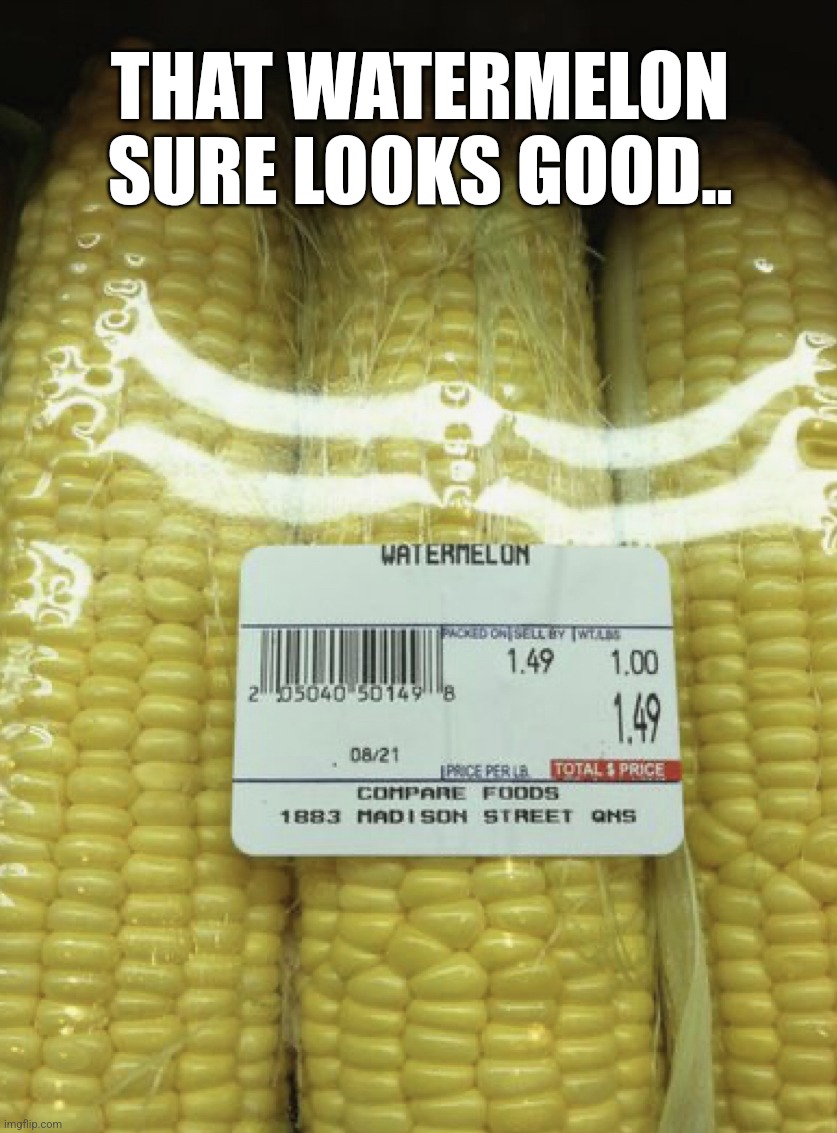 Corn as watermelon | THAT WATERMELON SURE LOOKS GOOD.. | image tagged in corn as watermelon | made w/ Imgflip meme maker