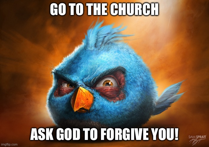 Realistic Blue Angry Bird | GO TO THE CHURCH; ASK GOD TO FORGIVE YOU! | image tagged in realistic blue angry bird | made w/ Imgflip meme maker
