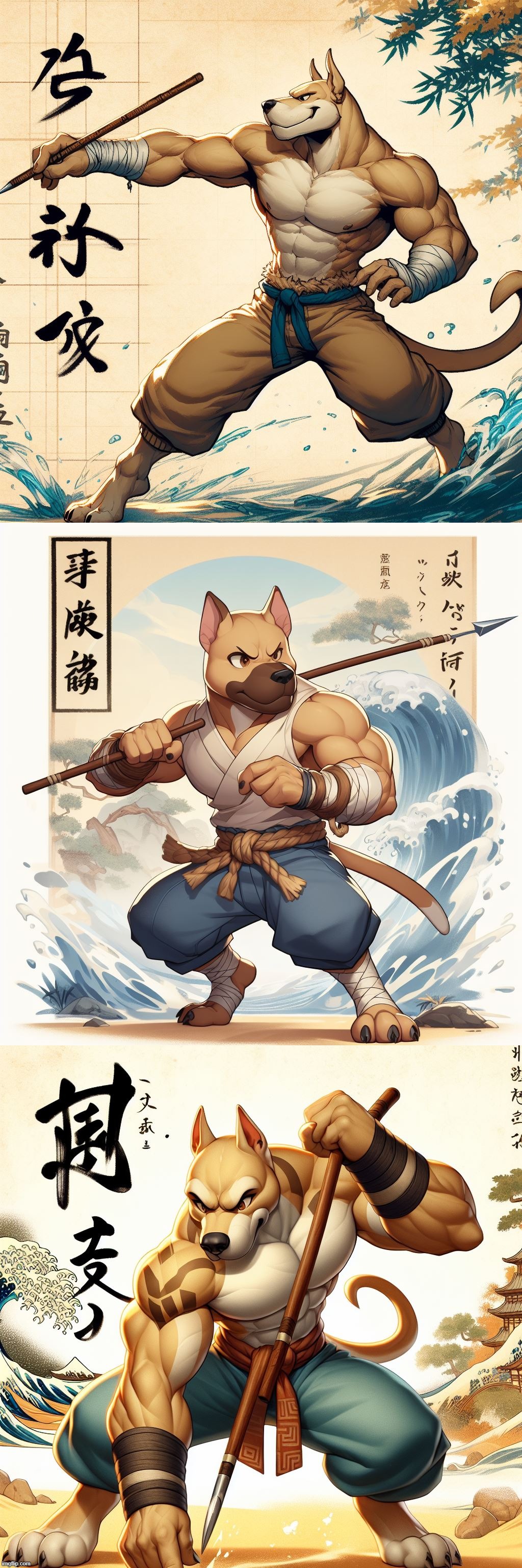 Ai gen: Video game concept based on my friend's dog. Pitbull named "Kanji". Japanese/Chinese clothing and waterpainting backdrop | image tagged in ai generated,anthro,furry,japanese,chinese,pitbull | made w/ Imgflip meme maker