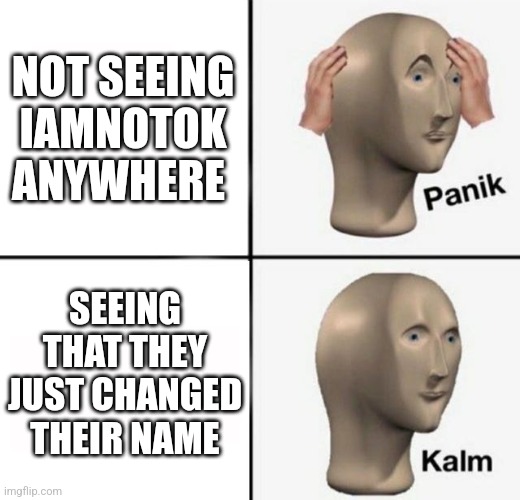 panik kalm | NOT SEEING IAMNOTOK ANYWHERE SEEING THAT THEY JUST CHANGED THEIR NAME | image tagged in panik kalm | made w/ Imgflip meme maker