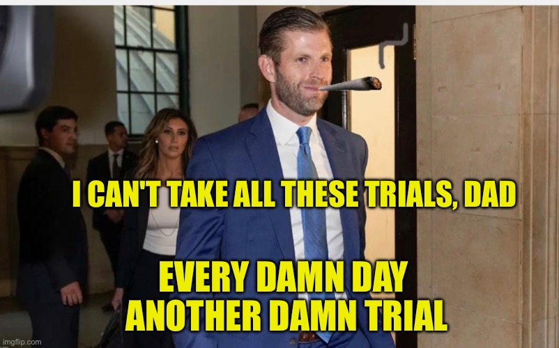 Eric trump can't take all the trials | I CAN'T TAKE ALL THESE TRIALS, DAD; EVERY DAMN DAY 
ANOTHER DAMN TRIAL | image tagged in eric trump courtroom spliff | made w/ Imgflip meme maker