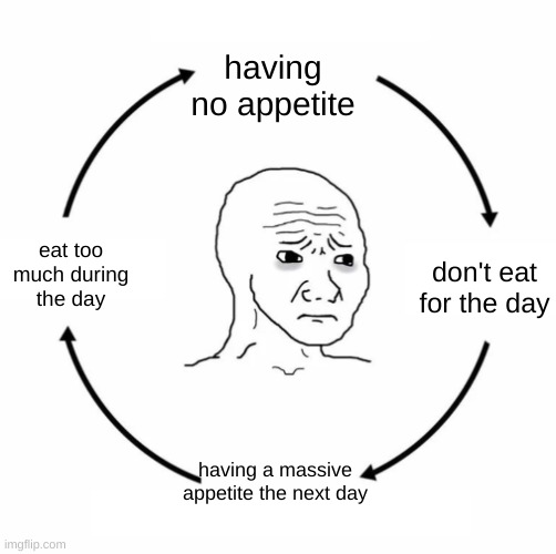 can't win, can you? | having no appetite; don't eat for the day; eat too much during the day; having a massive appetite the next day | image tagged in sad wojak cycle,wohak,appetite,funny,fun | made w/ Imgflip meme maker