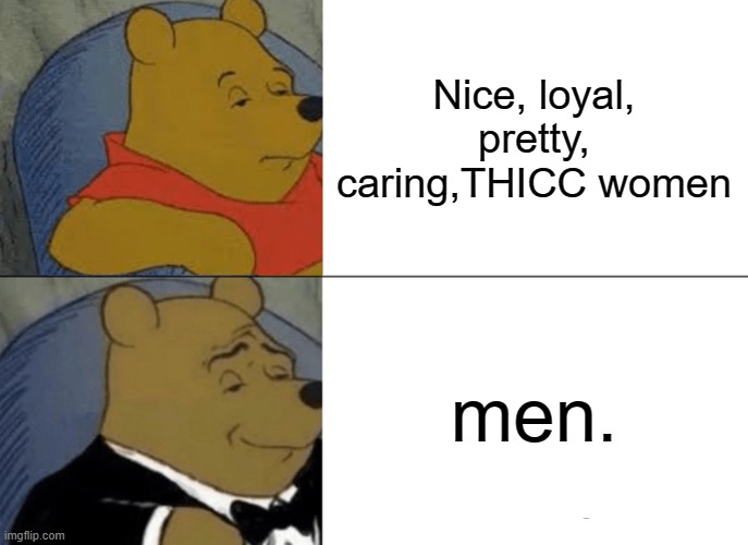 Tuxedo Winnie The Pooh | Nice, loyal, pretty, caring,THICC women; men. | image tagged in memes,tuxedo winnie the pooh | made w/ Imgflip meme maker