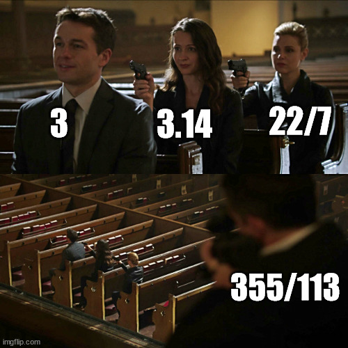 When people approximate pi. | 3; 22/7; 3.14; 355/113 | image tagged in assassination chain,pi | made w/ Imgflip meme maker