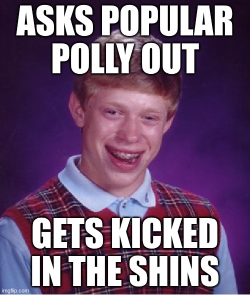 Bad Luck Brian Asks Out Polly | ASKS POPULAR POLLY OUT; GETS KICKED IN THE SHINS | image tagged in memes,bad luck brian | made w/ Imgflip meme maker
