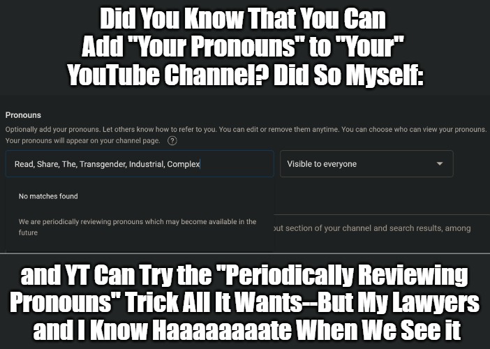 Just Add Pronouns! | Did You Know That You Can 

Add "Your Pronouns" to "Your" 

YouTube Channel? Did So Myself:; and YT Can Try the "Periodically Reviewing 

Pronouns" Trick All It Wants--But My Lawyers 

and I Know Haaaaaaaate When We See it | image tagged in youtube,pronouns,clown world,haaaaaaaatred,2020s,extreeeeeeeemism | made w/ Imgflip meme maker