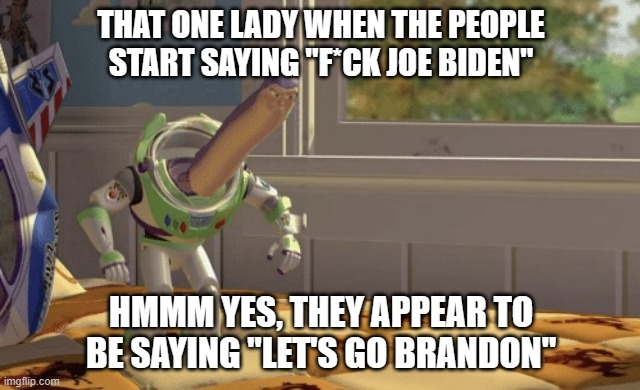 Funniest moment in human history. | THAT ONE LADY WHEN THE PEOPLE START SAYING "F*CK JOE BIDEN"; HMMM YES, THEY APPEAR TO BE SAYING "LET'S GO BRANDON" | image tagged in hmm yes | made w/ Imgflip meme maker