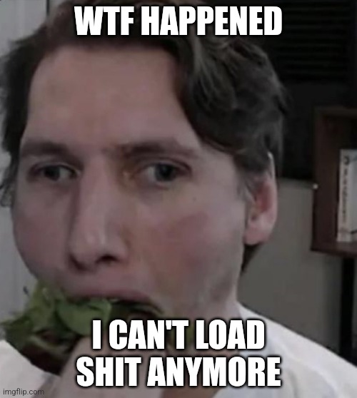 Jerma eating Lettuce | WTF HAPPENED; I CAN'T LOAD SHIT ANYMORE | image tagged in jerma eating lettuce | made w/ Imgflip meme maker