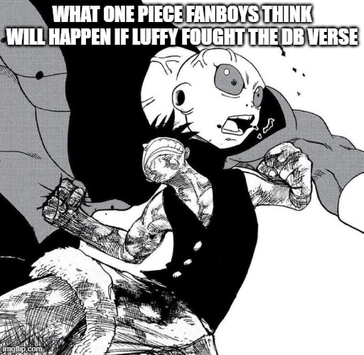 They're wrong BTW | WHAT ONE PIECE FANBOYS THINK WILL HAPPEN IF LUFFY FOUGHT THE DB VERSE | image tagged in luffy punches jiren | made w/ Imgflip meme maker