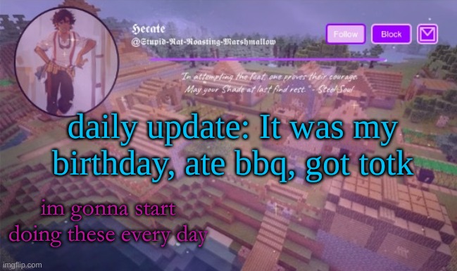 also participated in an urban planning event so cool ig | daily update: It was my birthday, ate bbq, got totk; im gonna start doing these every day | image tagged in del announcement temp thx hecate | made w/ Imgflip meme maker