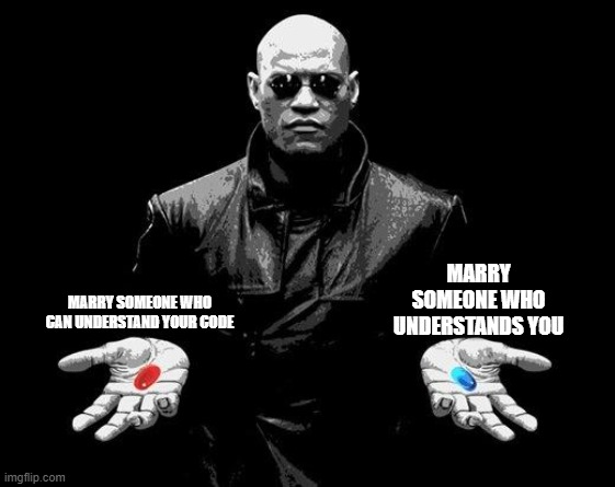 Progammer's choise | MARRY SOMEONE WHO UNDERSTANDS YOU; MARRY SOMEONE WHO CAN UNDERSTAND YOUR CODE | image tagged in matrix morpheus offer | made w/ Imgflip meme maker