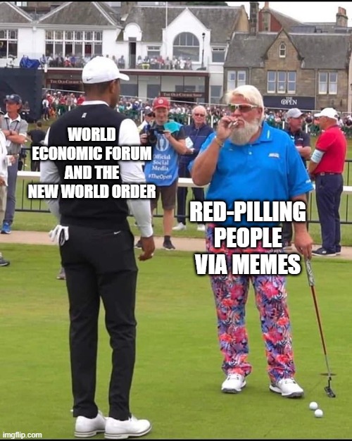 Red Pilled | WORLD ECONOMIC FORUM AND THE NEW WORLD ORDER; RED-PILLING PEOPLE VIA MEMES | image tagged in john daly and tiger woods,globalism,dank memes,new world order | made w/ Imgflip meme maker