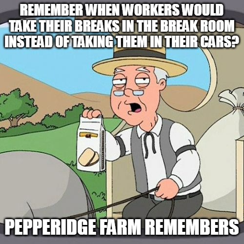 Pepperidge Farm Remembers Meme | REMEMBER WHEN WORKERS WOULD TAKE THEIR BREAKS IN THE BREAK ROOM INSTEAD OF TAKING THEM IN THEIR CARS? PEPPERIDGE FARM REMEMBERS | image tagged in memes,pepperidge farm remembers,meme,work,relatable | made w/ Imgflip meme maker