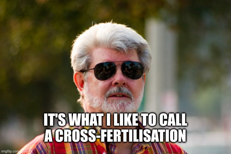 George Lucas | IT'S WHAT I LIKE TO CALL
A CROSS-FERTILISATION | image tagged in george lucas | made w/ Imgflip meme maker