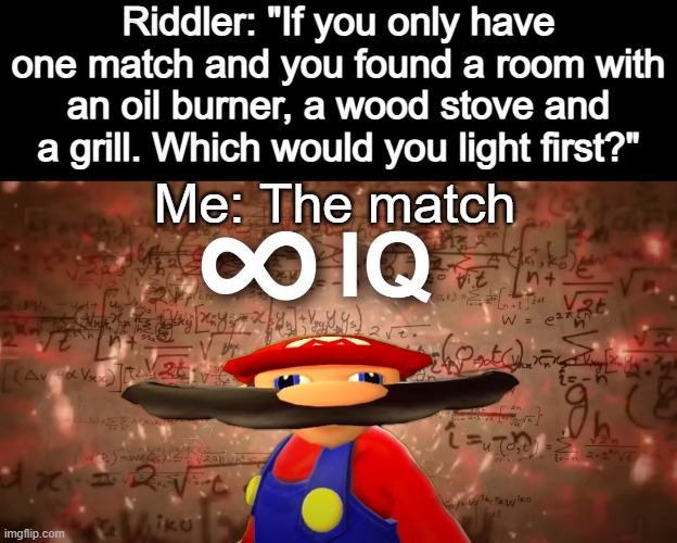 ∞ IQ | Riddler: "If you only have one match and you found a room with an oil burner, a wood stove and a grill. Which would you light first?"; Me: The match | image tagged in infinite iq mario | made w/ Imgflip meme maker