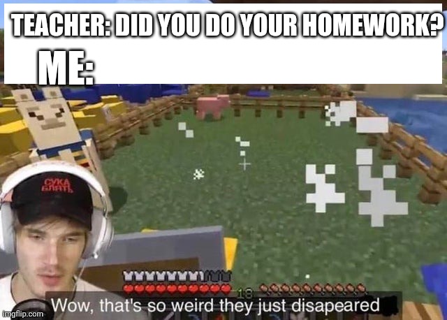 When you forgot to do your homework | TEACHER: DID YOU DO YOUR HOMEWORK? ME: | image tagged in they just disappeared | made w/ Imgflip meme maker