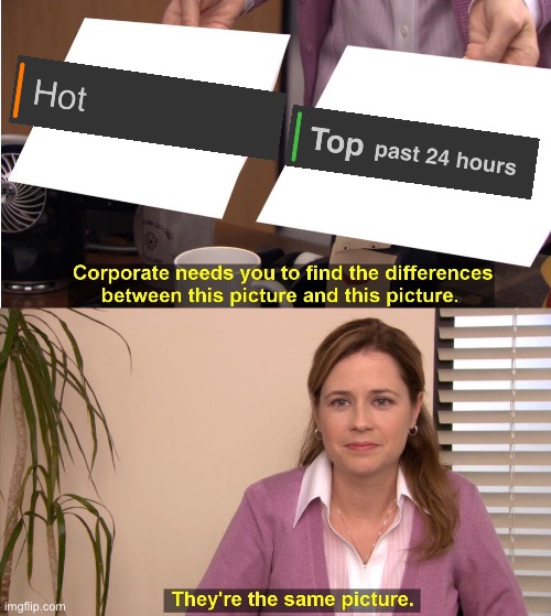 “hot” is also the top for the past 24 hours, what’s the diff | image tagged in memes,they're the same picture | made w/ Imgflip meme maker