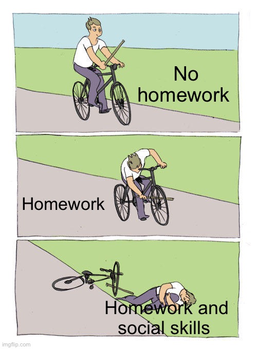 Who does not like having important stuff after school | No homework; Homework; Homework and social skills | image tagged in memes,bike fall | made w/ Imgflip meme maker
