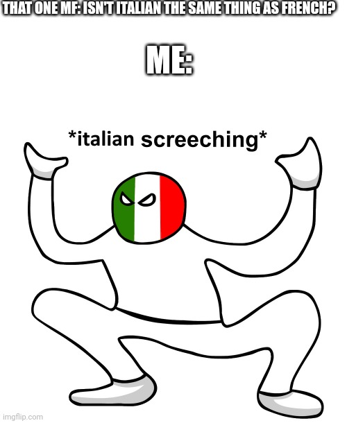 I almost beat the shit out of him | THAT ONE MF: ISN'T ITALIAN THE SAME THING AS FRENCH? ME: | image tagged in memes,blank transparent square,italian screeching | made w/ Imgflip meme maker