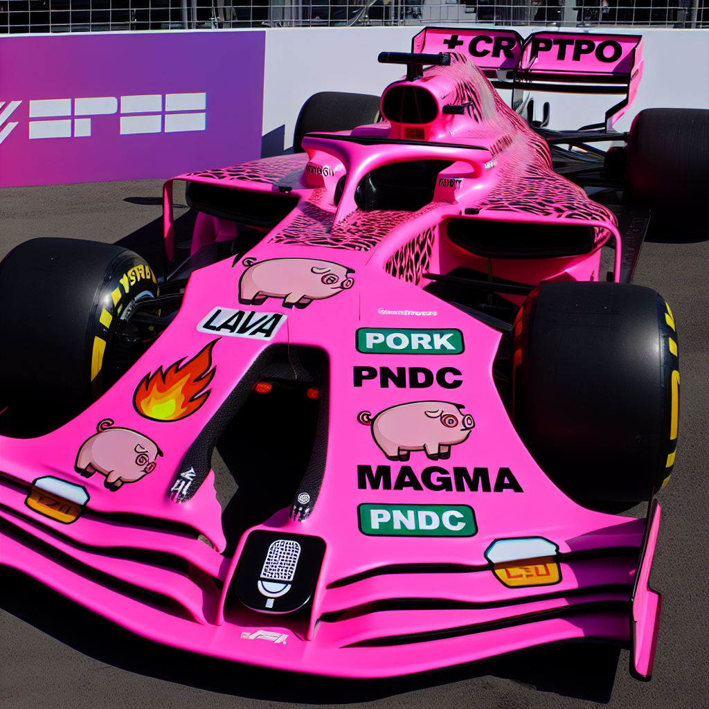 Pink formula 1 car with these slogans "PORK" " PNDC" " MAGMA" "L Blank Meme Template