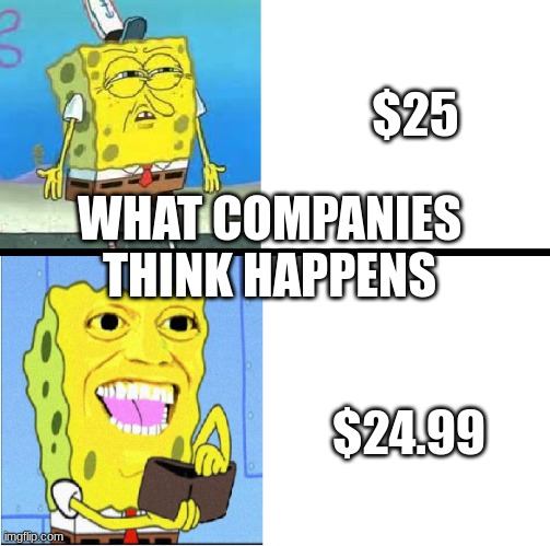 Memz | $25; WHAT COMPANIES THINK HAPPENS; $24.99 | image tagged in spongebob money meme | made w/ Imgflip meme maker
