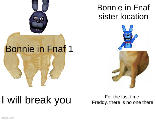 Bonnie vs Bon Bon | Bonnie in Fnaf sister location; Bonnie in Fnaf 1; I will break you; For the last time, Freddy, there is no one there | image tagged in memes,buff doge vs cheems | made w/ Imgflip meme maker
