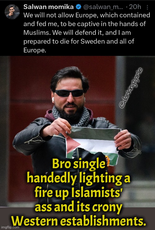 Can't agree with all his tactics. He's efficient. If
conservativ had brains they'd make immigration easier for likes of him | @darking2jarlie; Bro single handedly lighting a fire up Islamists' ass and its crony Western establishments. | image tagged in europe,islam,islamophobia,sweden,fascism,muslims | made w/ Imgflip meme maker