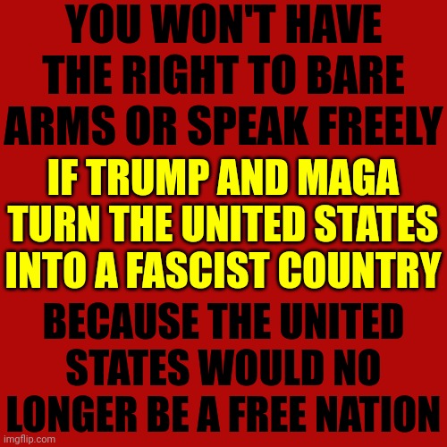 Maga Has 2 Get Off Of The Fascism Train B4 They Get Conned N2 Destroying Everything We've Accomplished Over The Last 248 Years! | YOU WON'T HAVE THE RIGHT TO BARE ARMS OR SPEAK FREELY; IF TRUMP AND MAGA TURN THE UNITED STATES INTO A FASCIST COUNTRY; BECAUSE THE UNITED STATES WOULD NO LONGER BE A FREE NATION | image tagged in trump unfit unqualified dangerous,trump lies,lock him up,con man,maga fascists,memes | made w/ Imgflip meme maker