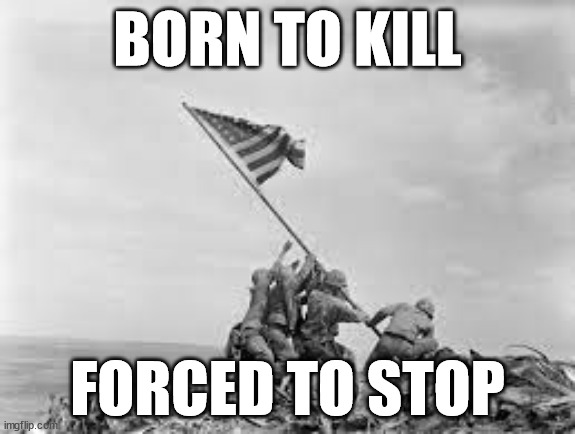 raising the flag | BORN TO KILL; FORCED TO STOP | image tagged in raising the flag | made w/ Imgflip meme maker