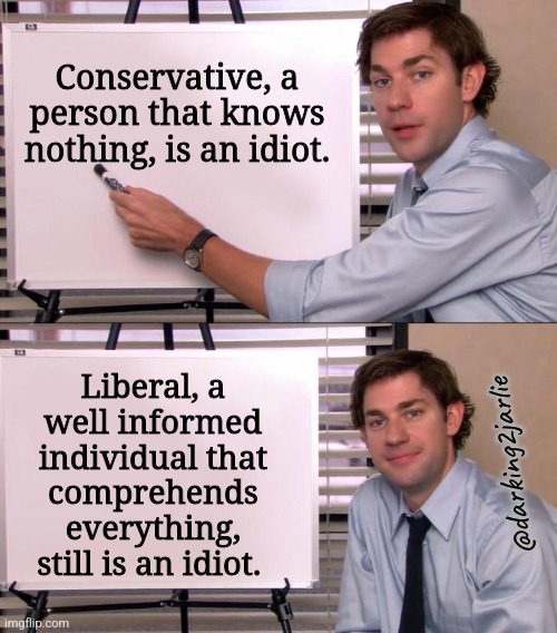 The Difference | Conservative, a person that knows nothing, is an idiot. Liberal, a well informed individual that comprehends everything, still is an idiot. @darking2jarlie | image tagged in jim halpert explains,liberals,conservatives,politics,america,europe | made w/ Imgflip meme maker