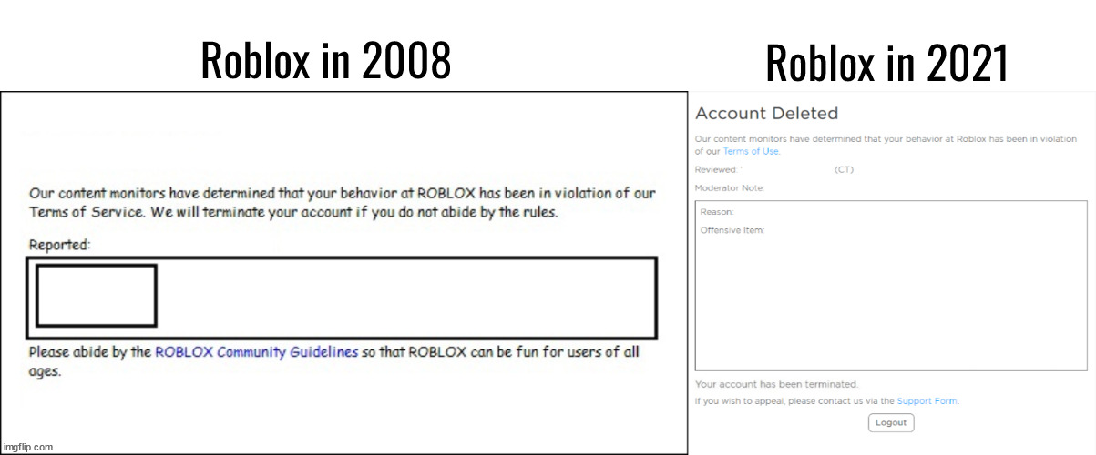 Roblox in 2021; Roblox in 2008 | image tagged in banned from roblox | made w/ Imgflip meme maker