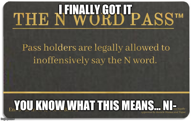 N word pass | I FINALLY GOT IT; YOU KNOW WHAT THIS MEANS… NI- | image tagged in n word pass | made w/ Imgflip meme maker