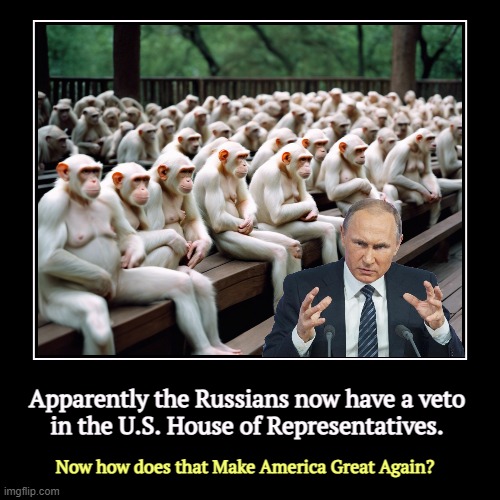Apparently the Russians now have a veto 
in the U.S. House of Representatives. | Now how does that Make America Great Again? | image tagged in funny,demotivationals,putin,russia,congress,maga | made w/ Imgflip demotivational maker