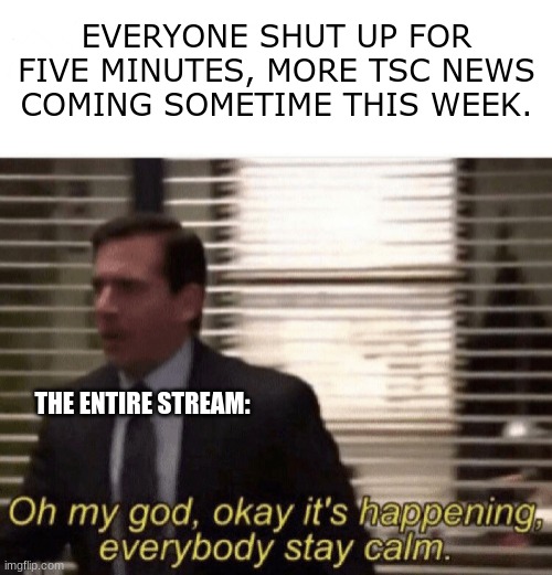 TSC NEWS COMING SOON THIS WEEK AUGH | EVERYONE SHUT UP FOR FIVE MINUTES, MORE TSC NEWS COMING SOMETIME THIS WEEK. THE ENTIRE STREAM: | image tagged in oh my god okay it's happening everybody stay calm,tsc news | made w/ Imgflip meme maker