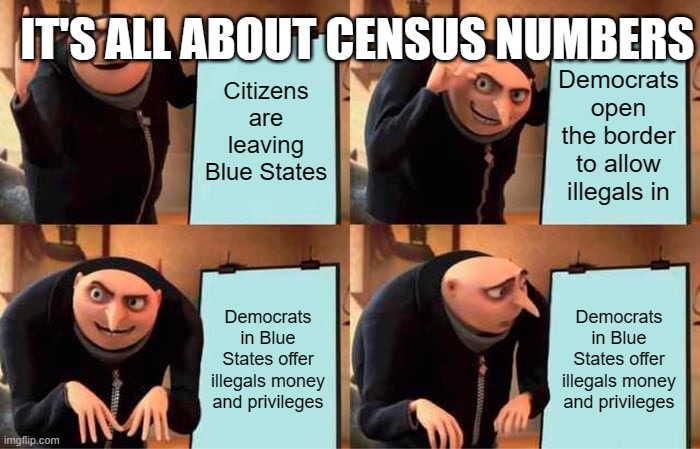 Gru's Plan Meme | IT'S ALL ABOUT CENSUS NUMBERS; Citizens are leaving Blue States; Democrats open the border to allow illegals in; Democrats in Blue States offer illegals money and privileges; Democrats in Blue States offer illegals money and privileges | image tagged in memes,gru's plan | made w/ Imgflip meme maker