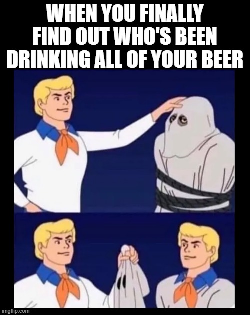 Ah-HA!  Wait... What? | WHEN YOU FINALLY FIND OUT WHO'S BEEN DRINKING ALL OF YOUR BEER | image tagged in scooby doo mask reveal,beer,stealing,drink beer,cold beer here,craft beer | made w/ Imgflip meme maker