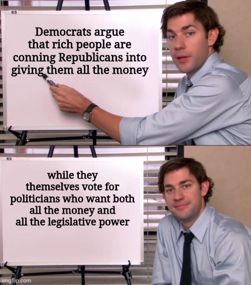 Imagine | Democrats argue that rich people are conning Republicans into giving them all the money; while they themselves vote for politicians who want both all the money and all the legislative power | image tagged in jim halpert explains,democrats,rich | made w/ Imgflip meme maker