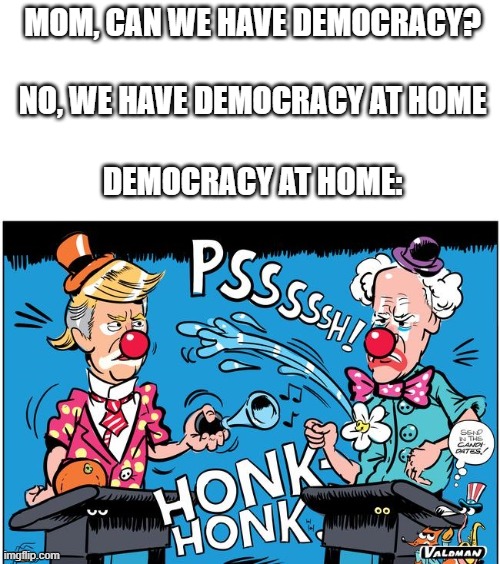 MOM, CAN WE HAVE DEMOCRACY? NO, WE HAVE DEMOCRACY AT HOME; DEMOCRACY AT HOME: | made w/ Imgflip meme maker