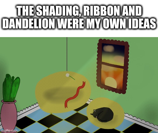 The beanbag suggestion was from memez_minorz and the cat suggestion was from -_GlitchTrap_- | THE SHADING, RIBBON AND DANDELION WERE MY OWN IDEAS | image tagged in sunset,kleki,room,stuff | made w/ Imgflip meme maker