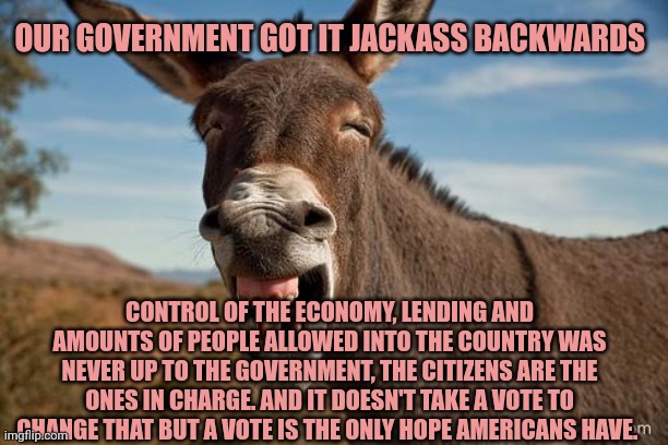Donkey Jackass Braying | OUR GOVERNMENT GOT IT JACKASS BACKWARDS; CONTROL OF THE ECONOMY, LENDING AND AMOUNTS OF PEOPLE ALLOWED INTO THE COUNTRY WAS NEVER UP TO THE GOVERNMENT, THE CITIZENS ARE THE ONES IN CHARGE. AND IT DOESN'T TAKE A VOTE TO CHANGE THAT BUT A VOTE IS THE ONLY HOPE AMERICANS HAVE. | image tagged in donkey jackass braying | made w/ Imgflip meme maker
