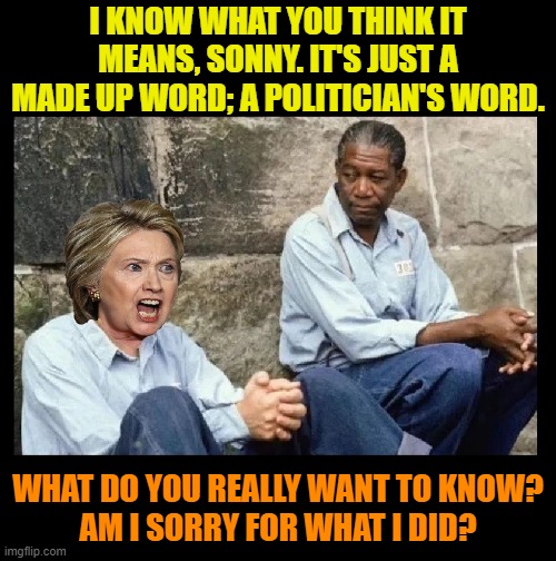 Killary should be in jail having chats just like this | I KNOW WHAT YOU THINK IT MEANS, SONNY. IT'S JUST A MADE UP WORD; A POLITICIAN'S WORD. WHAT DO YOU REALLY WANT TO KNOW?
AM I SORRY FOR WHAT I DID? | image tagged in hillary clinton,killary,the clintons,bill clinton,democrats,trump russia collusion | made w/ Imgflip meme maker