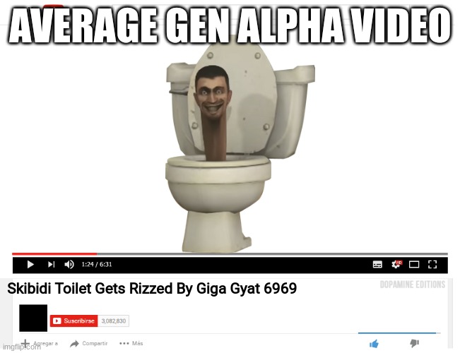 skidi riz? | AVERAGE GEN ALPHA VIDEO; Skibidi Toilet Gets Rizzed By Giga Gyat 6969 | image tagged in youtube template | made w/ Imgflip meme maker